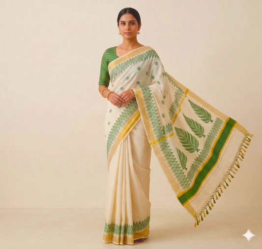 Classic Off-White Cotton Saree with Emerald Green Accents
