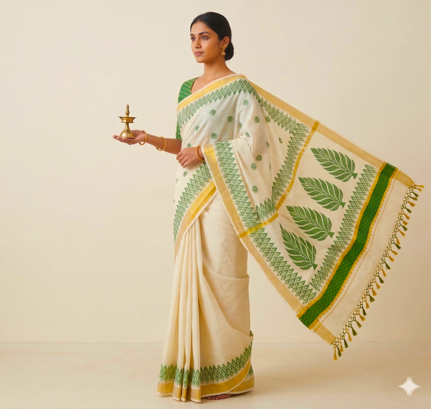 Classic Off-White Cotton Saree with Emerald Green Accents