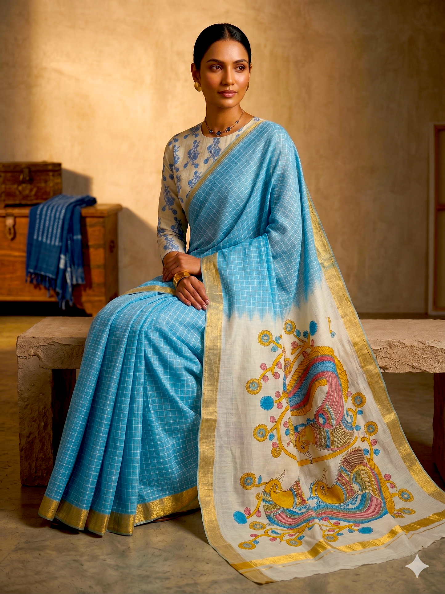 Designer linen Cotton Saree with Printed Pallu / Blue cotton saree