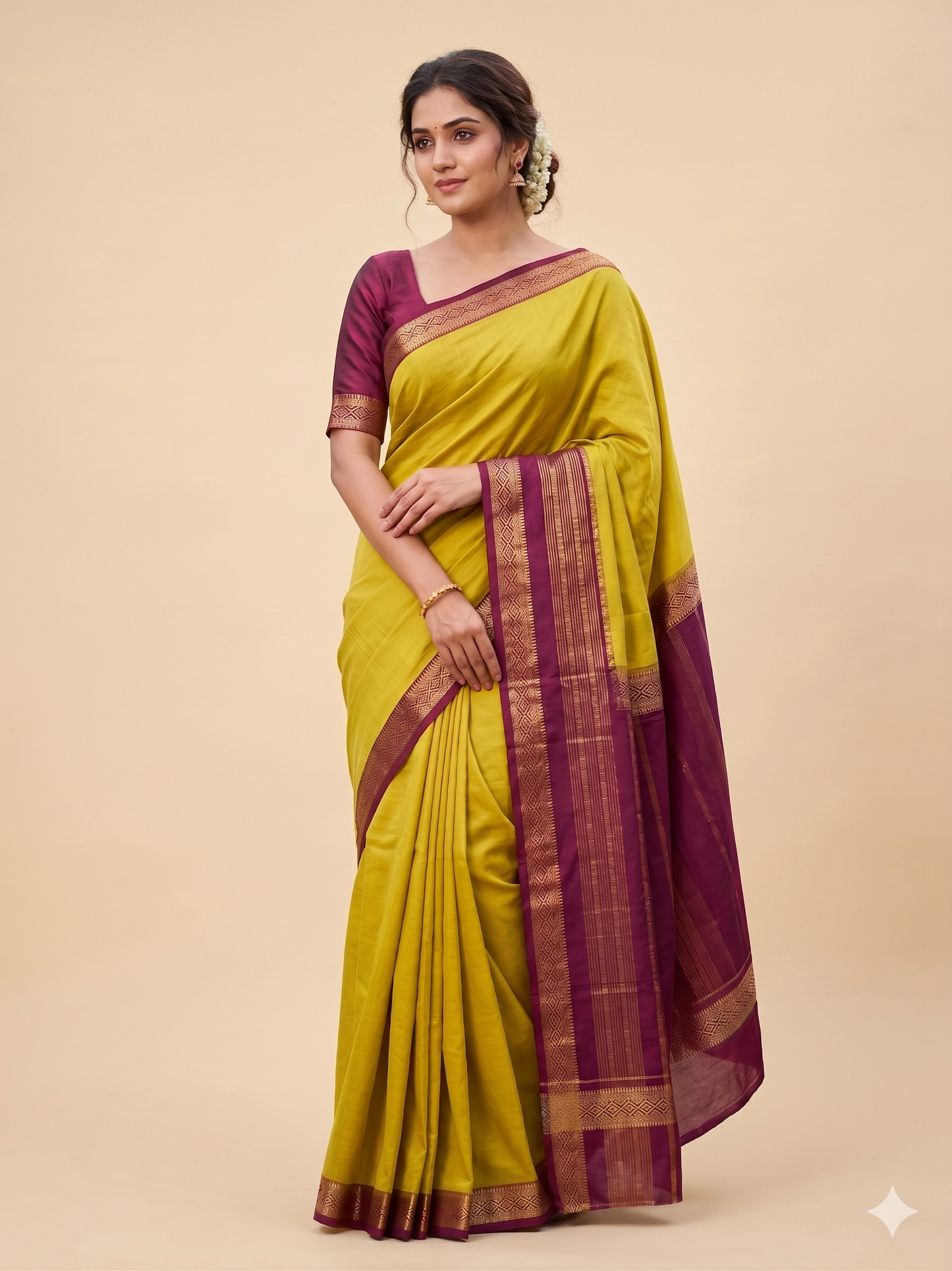 Mustard Yellow & Plum Silk Saree with Zari Border