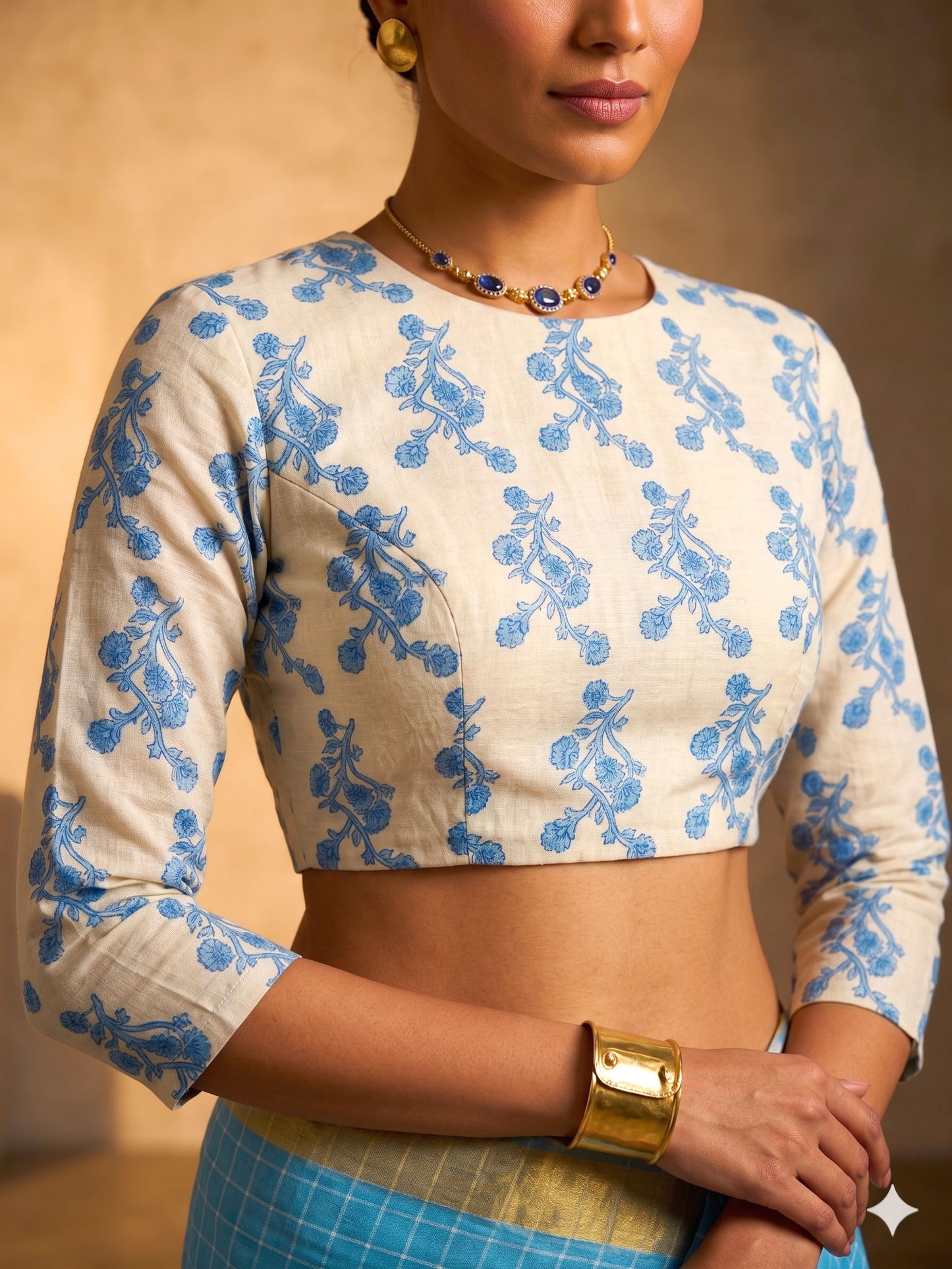 Designer linen Cotton Saree with Printed Pallu / Blue cotton saree