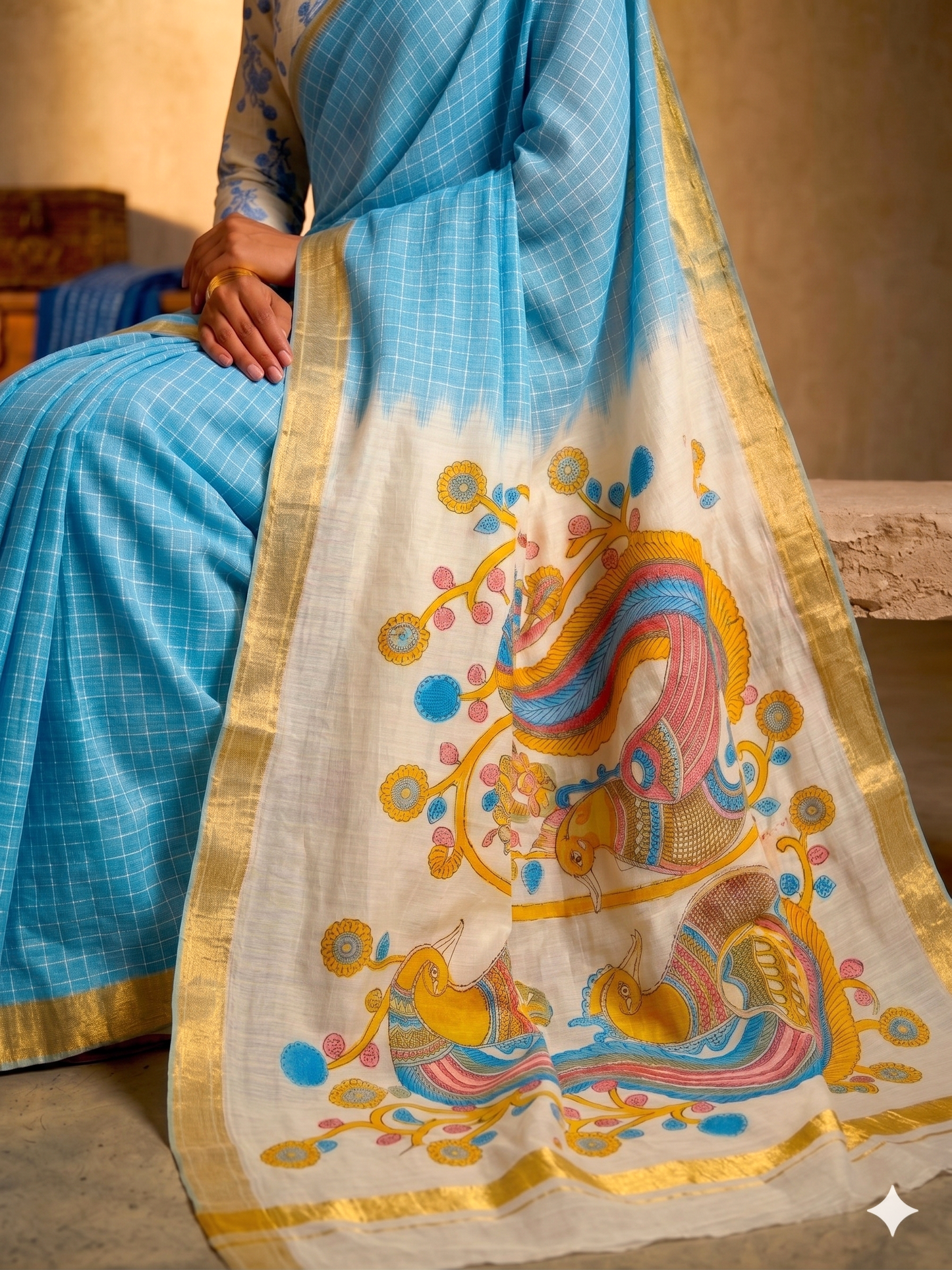 Designer linen Cotton Saree with Printed Pallu / Blue cotton saree