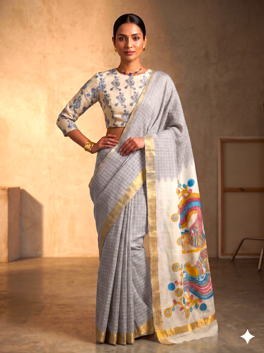 Elegant Grey with Multicolor Artistic Pallu  | Linen Cotton Saree