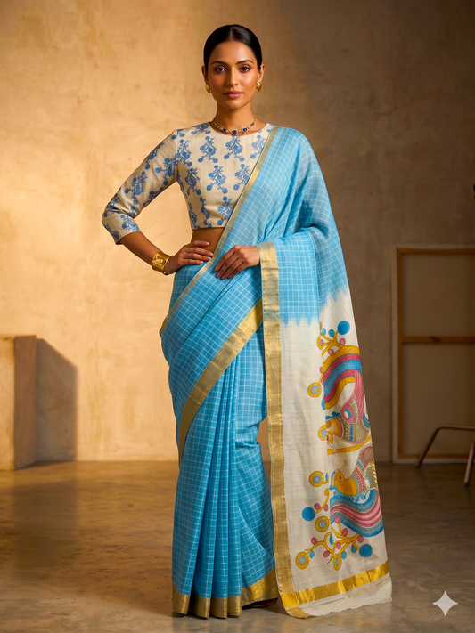 Designer linen Cotton Saree with Printed Pallu / Blue cotton saree