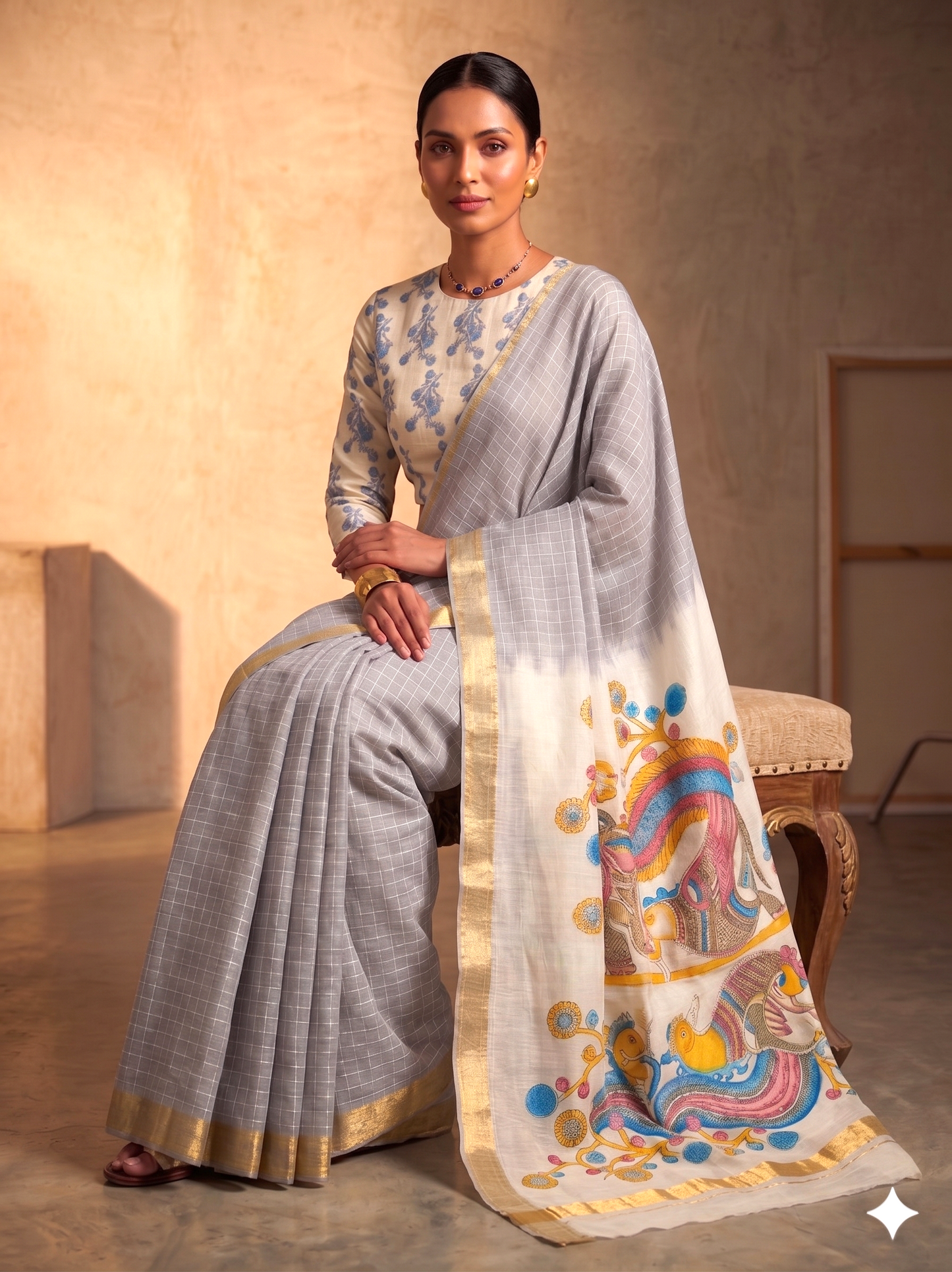 Elegant Grey with Multicolor Artistic Pallu  | Linen Cotton Saree