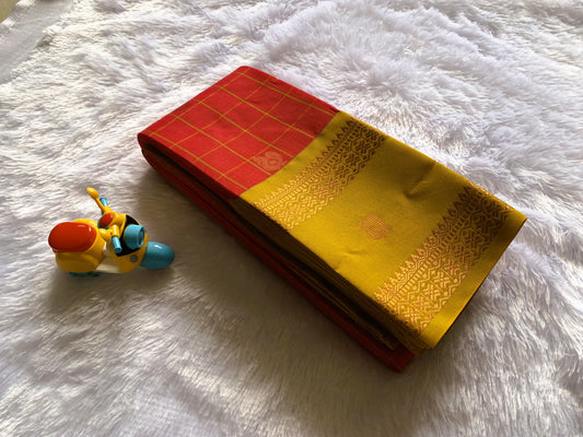 Vihara Cotton Saree Cherry Red with Mustard Yellow Checked Saree