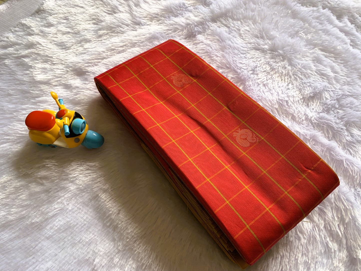 Vihara Cotton Saree Cherry Red with Mustard Yellow Checked Saree